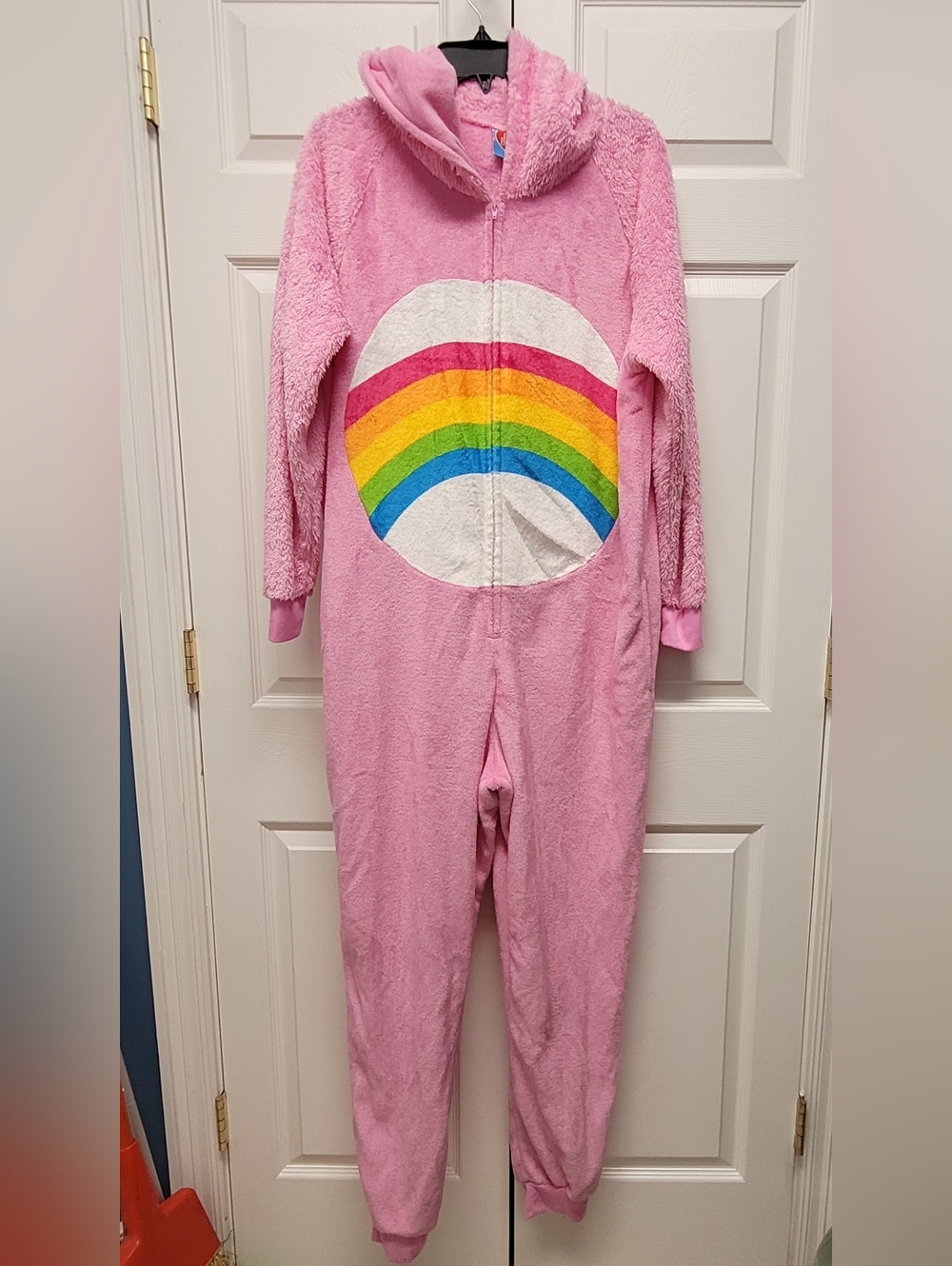 Care Bear Adult Pink Fuzzy Hooded Onesie with Rainbow Belly
